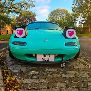 May include: A teal-colored sports car with heart-shaped headlights and a license plate that reads "JI09 NLO." The car has a custom front end with a tooth-like design. The background features trees and a blue sky.