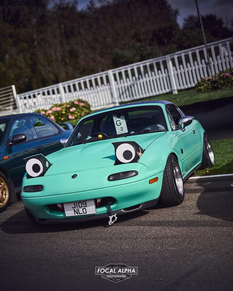 May include: A teal-colored sports car with large, cartoon-like eyes on the headlights. The car has a black roof, a front license plate, and a tow hook. The car is parked on asphalt near a white picket fence.