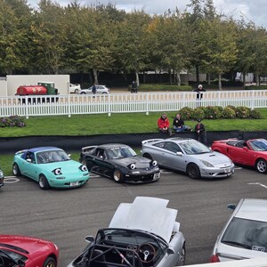 May include: A gathering of several sports cars, including a light blue convertible, a black convertible, and a red convertible, parked on a paved area. The cars have cartoon-like headlights. The scene is set outdoors with trees and a white fence in the background.