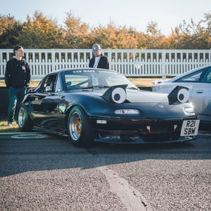 May include: A black sports car with large cartoon eyes on the headlights, parked on asphalt. The car has a license plate and the text "CAR MAKE" on the windshield. Two people stand nearby, and a white fence is in the background.