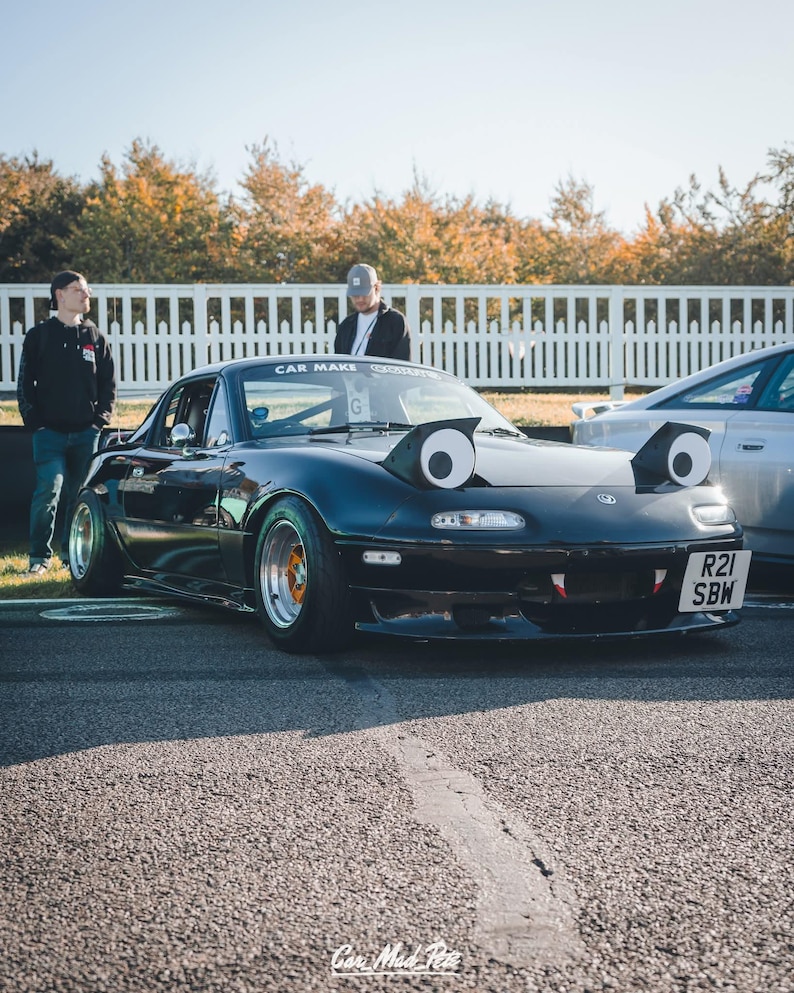 May include: A black sports car with large cartoon eyes on the headlights, parked on asphalt. The car has a license plate and the text "CAR MAKE" on the windshield. Two people stand nearby, and a white fence is in the background.