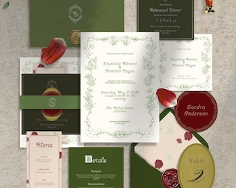 Vintage Green Wedding Invitation Suite, Rustic Botanical Template