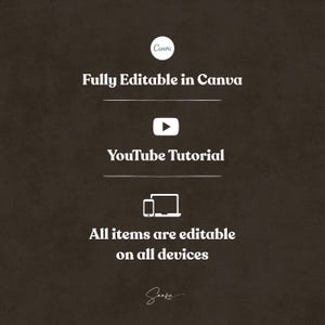 Peut inclure: Graphique marron fonc&eacute; avec du texte blanc indiquant "Enti&egrave;rement modifiable dans Canva", "Tutoriel YouTube" et "Tous les &eacute;l&eacute;ments sont modifiables sur tous les appareils". Le logo Canva est en haut.