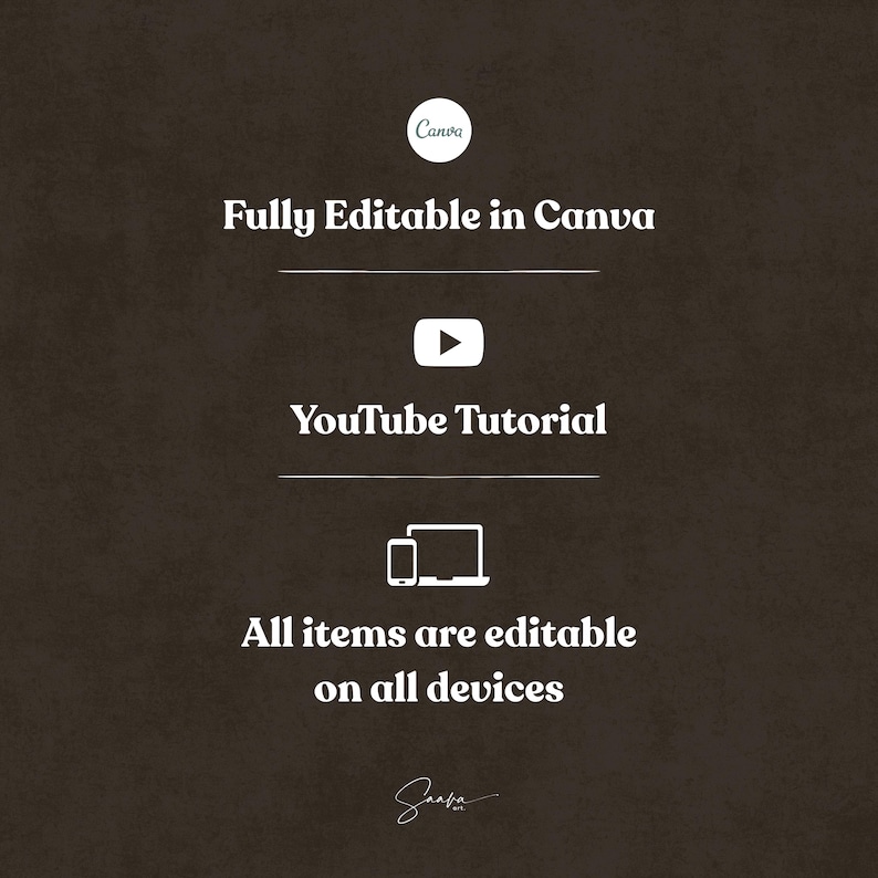 Peut inclure: Graphique marron fonc&eacute; avec du texte blanc indiquant "Enti&egrave;rement modifiable dans Canva", "Tutoriel YouTube" et "Tous les &eacute;l&eacute;ments sont modifiables sur tous les appareils". Le logo Canva est en haut.
