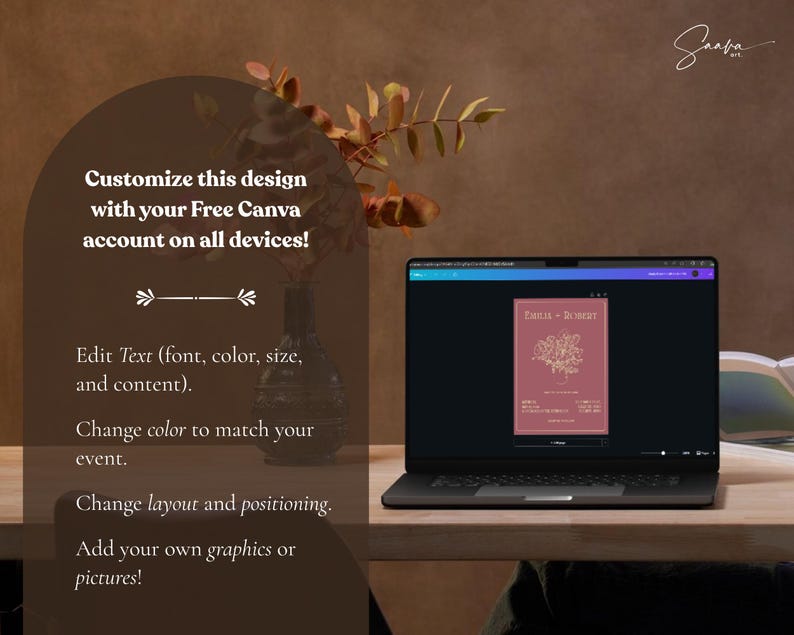 Peut inclure: Un ordinateur portable affiche une maquette avec le texte "EMILIA + ROMY" et des &eacute;l&eacute;ments floraux. L'image comprend le texte "Personnalisez ce design avec votre compte Canva gratuit sur tous les appareils !" et des options d'&eacute;dition.