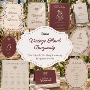 Może przedstawiać: Kolekcja szablonów papeterii ślubnej w kolorach burgundu i kremu z ilustracjami kwiatowymi. Zestaw zawiera tablice powitalne, plany stołów, menu i winietki, wszystkie z napisem Canva Vintage Floral Burgundy.