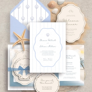 May include: A wedding invitation suite featuring light blue and cream stationery with seashell motifs, striped patterns, and scalloped edges. The set includes cards with text, a matching envelope, a starfish, and small seashells arranged together.