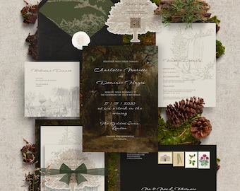 Suite de faire-part de mariage dans la forêt, articles de papeterie de mariage dans les bois, modèles de mariage dans la forêt enchantée | Invitation, RSVP, carte d'informations