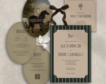 Modèle de suite d'invitations de mariage équestre, style Old Money, conception de cheval vintage (téléchargement numérique)