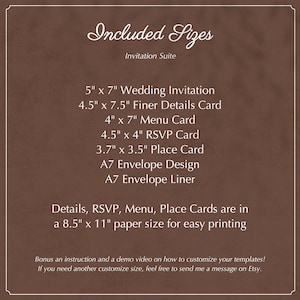 Peut inclure: Un design de suite d'invitation marron avec du texte blanc &eacute;num&eacute;rant les tailles incluses : invitation de mariage, carte de d&eacute;tails, carte de menu, carte RSVP, carte de place, design d'enveloppe et doublure d'enveloppe. Les cartes de d&eacute;tails sont de 21,6 cm x 27,9 cm.