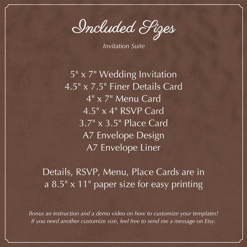 Peut inclure: Un design de suite d'invitation marron avec du texte blanc &eacute;num&eacute;rant les tailles incluses : invitation de mariage, carte de d&eacute;tails, carte de menu, carte RSVP, carte de place, design d'enveloppe et doublure d'enveloppe. Les cartes de d&eacute;tails sont de 21,6 cm x 27,9 cm.