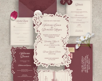 Suite de faire-part de mariage floral bordeaux vintage, modèle de mariage lunatique garden-party (téléchargement numérique)