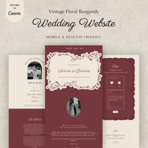 May include: A burgundy and cream wedding website template with floral accents. The design includes sections for the couple's story, RSVP, and gift registry. The text includes "Wedding Website" and "Victoria & Dominic".