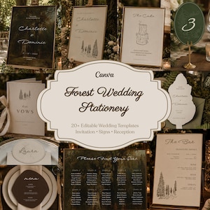 May include: A collection of forest-themed wedding stationery templates including signs, invitations, and reception cards. The set features cream and dark backgrounds with black line art of trees, cakes, and elegant script text for event details.