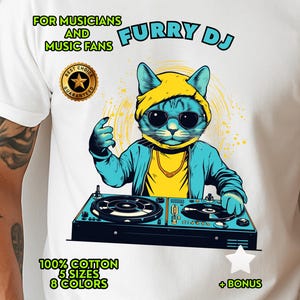 Furry DJ T-Shirt, Party Katze Shirt, lustiges Katze DJ Geschenk, Katzenliebhaber Geschenk, Musik-T-Shirt, trendiges Katzen-Shirt, Rave Grafik-T-Shirt, Katzeneltern