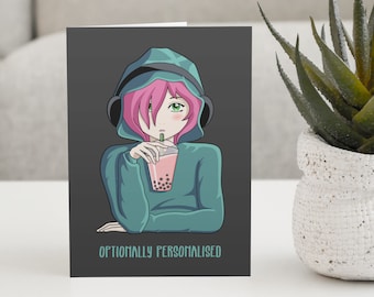 Anime Girl Greeting Card - Listening To Music And Drinking Bubble Tea Personalised Custom Greeting Card