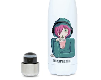 Anime Girl Personalised Bottle - Insulated Stainless Steel Drinks Bottle - Listening To Music And Drinking Bubble Tea - Water Bottle