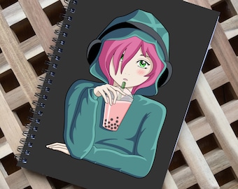 Anime Girl Spiral Notebook Size A5 - Listening To Music And Drinking Bubble Tea - 60 Pages - Lined or Grid Graph Paper