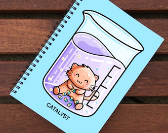 Catalyst Pun Spiral Notebook Size A5 - Cute Cat Chemistry Science Notebook - 60 Pages - Lined or Grid Graph Paper