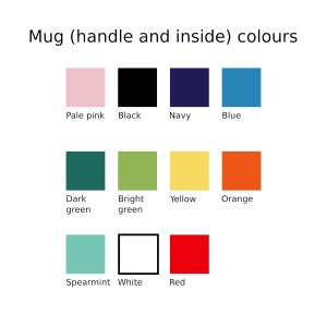 Mug colours chart: pale pink, black, navy, blue, dark green, bright green, yellow, orange, spearmint, white, red.