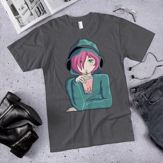 Anime Girl Drinking Boba and Listening to Music on a Cotton Crewneck T shirt. Multiple sizes and colours for men, women and kids. Anime Girl Drinking Boba and Listening to Music on a Cotton Crewneck T shirt. Multiple sizes and colours for men, women and kids.