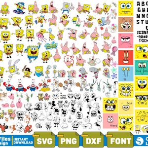 Könnte beinhalten: Eine Sammlung von 250 SpongeBob Schwammkopf-Charakterdesigns in den Formaten SVG, PNG, DXF und Schriftart. Die Designs umfassen verschiedene Posen, Ausdrücke und Buchstaben des Alphabets. Das Bild enthält auch den Text "1500 Dateien 250 Designs Sofort-Download SVG PNG DXF SCHRIFTART cricut SCHICHTEN".