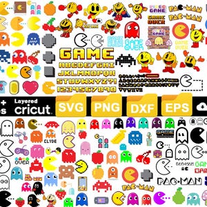 Retro Arcade SVG bundel pixel game iconen spoken en joystick clipart voor Cricut en silhouet 8 bit gamer design digitale download