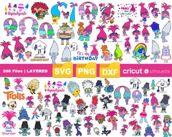 Può includere: Una collezione di colorati design di personaggi Troll in varie pose, con testo tra cui "#Squadgoals", "Troll Hair Don't Care" e "It's my Birthday". L'immagine include anche etichette di tipo di file: SVG, PNG e DXF.