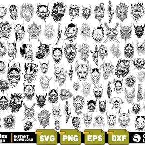 Japanische Oni Maske SVG Bundle Traditionelle Dämonenmaske Schnittdateien für Cricut und Silhouette Tattoo Style Clipart Digital Download