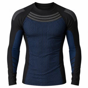 Könnte beinhalten: Ein langärmliges Sportshirt in Schwarz und Blau. Das Shirt hat ein strukturiertes blaues Mittelteil, schwarze Ärmel und Akzente. Die Schultern haben ein Streifendesign. Dieses Kompressionsshirt ist für sportliche Aktivitäten konzipiert.