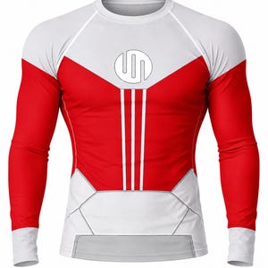 Könnte beinhalten: Ein langärmeliges Sportshirt in Rot, Weiß und Grau. Das Shirt hat einen weißen Oberkörper und Ärmel, mit einem roten Mittelteil und Ärmeln. Ein weißes Logo befindet sich auf der Brust, und drei weiße vertikale Streifen verlaufen in der Mitte.
