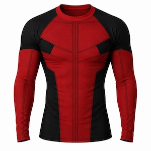 May include: A long-sleeved athletic top in red and black. The shirt has a crew neck and a fitted design. Red panels are contrasted with black on the sleeves and shoulders, creating a bold, graphic appearance. Ideal for sports or casual wear.