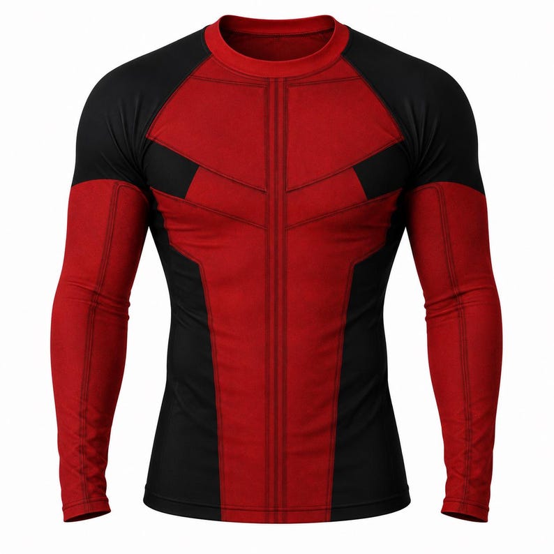 May include: A long-sleeved athletic top in red and black. The shirt has a crew neck and a fitted design. Red panels are contrasted with black on the sleeves and shoulders, creating a bold, graphic appearance. Ideal for sports or casual wear.