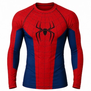 May include: A long-sleeve compression shirt featuring a red and blue color scheme. The red upper chest and sleeves are printed with a black spiderweb pattern and a large black spider emblem centered on the chest. The sides are solid blue panels.