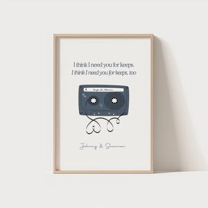 May include: A framed print featuring a blue cassette tape illustration with the text "I think I need you for keeps." The print also includes the names "Johnny & Shannon" in a script font, and the words "Songs for Shannon."