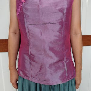 Vintage 80s Silk Color Changing Qipao Sleeveless Cheongsam Top