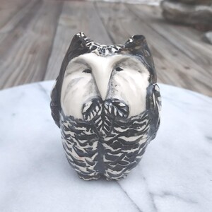 Owl Sculpture Hand-built from Porcelain Clay in Black and White