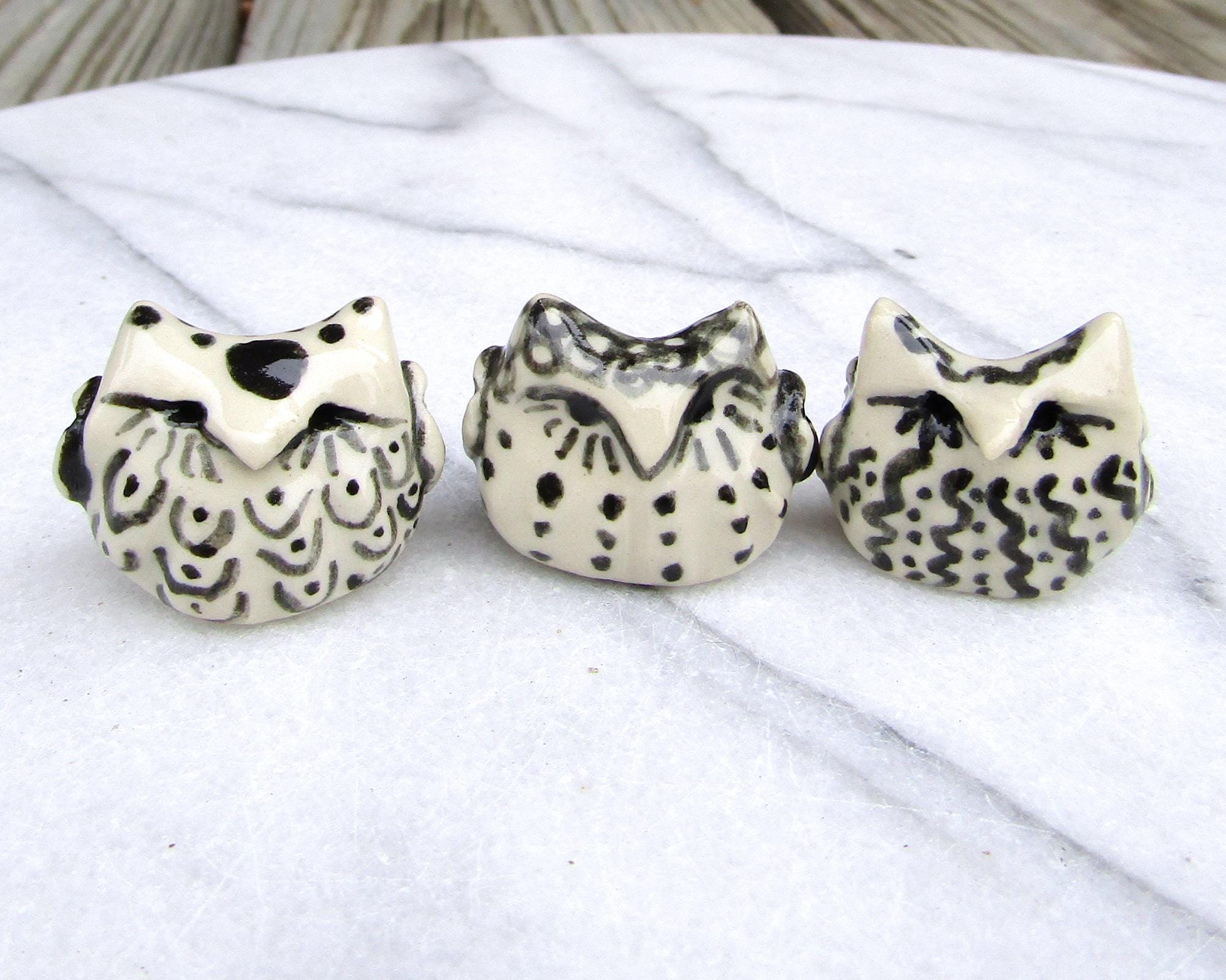 Set of Three Little Doodle Art Owls - set of 3 in black and white