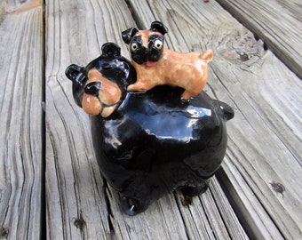 Black Bear with Pug Pottery Sculpture