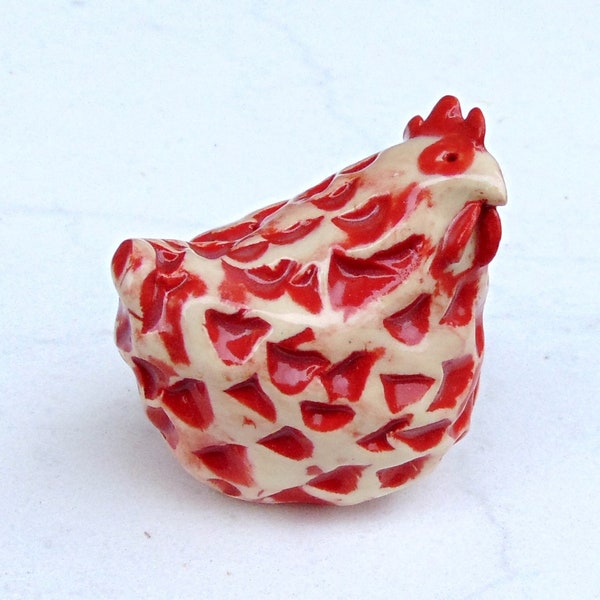 Ceramic Clay Chicken Terrarium Miniature Figurine - Sculpted Animal in Red and White