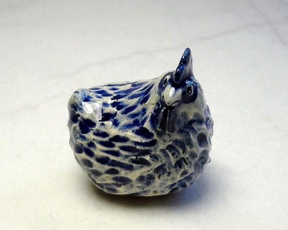 Blue and White Chicken - Chicken Figurine - Terrarium Figurine - Blue and White Decoration - Shadow Box Animal - Pottery Animal - Blue Hen