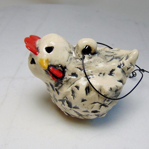 Pottery Chicken Hanging  Ornament - Pottery Chicken - Hand Built Pinched Pot - White Chicken Ceramic Ornament - Easter or Christmas Ornament