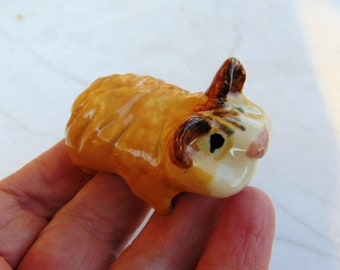 Tan Miniature Hamster  - Terrarium Ceramic Figurine - Hamster Figurine - Small Pet Hamster - Pottery Animal - Tan and White
