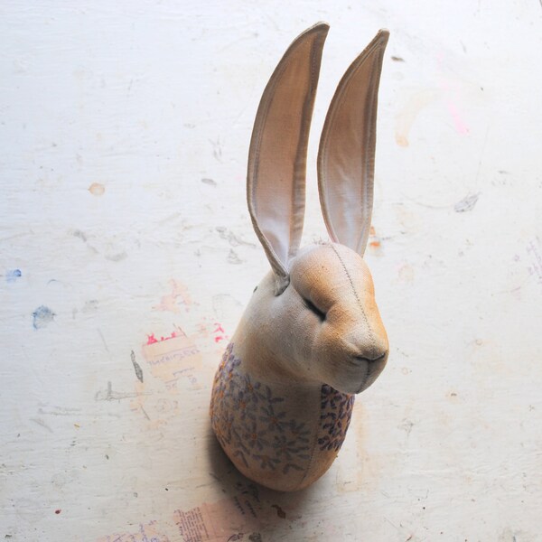 Soft Sculpture.Textile Taxidermy. Hare head with vintage embroidery.