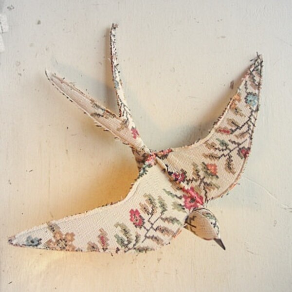 Swallow soft sculpture made from vintage wallhanging