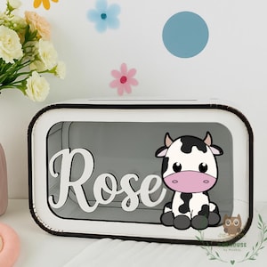 Personalized Wood Piggy Bank, Custom Cow Money Box for Children, Cute Baby Gift for Boy Girl, Baby Shower Gift & Nursery Keepsake