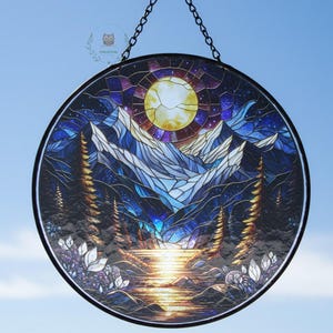 Berg Nachthimmel Suncatcher, Faux Glasmalerei Waldfenster hängend, Naturliebhaber Geschenk, rustikale Cabin Decor