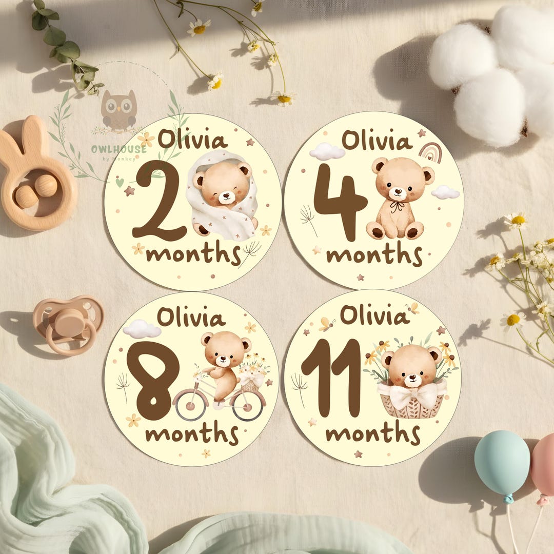 Custom Name Milestone Photo Cards 1-12 Months, Round Wooden Baby Age ...