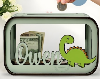Handmade dinosaur Coin bank for Kids, Custom Dinosaur Money Box, Wood Piggy Bank for Children, Dino Birthday Gift for Boy Girl