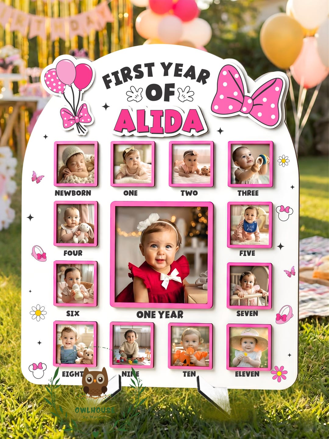 Pink Bow 1st Birthday Photo Frame, Personalized Whimsical 12 Month ...